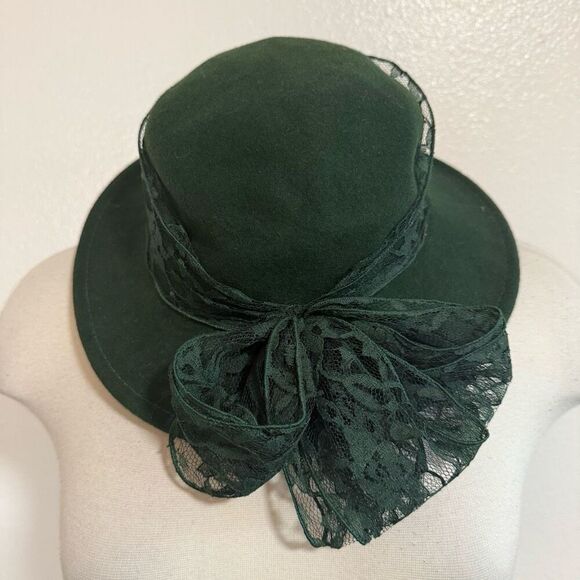 Vintage Green Lace Bow Fedora Felt Bowler Cap Hat - Picture 2 of 4